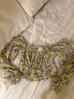 Smocked Off-Shoulder Floral Crop Top in Green & Purple